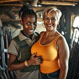 In a gritty shack filled with rifles, a young black African woman, very petite and undernourished at 25 years old, has very dark skin and a fierce, angry expression