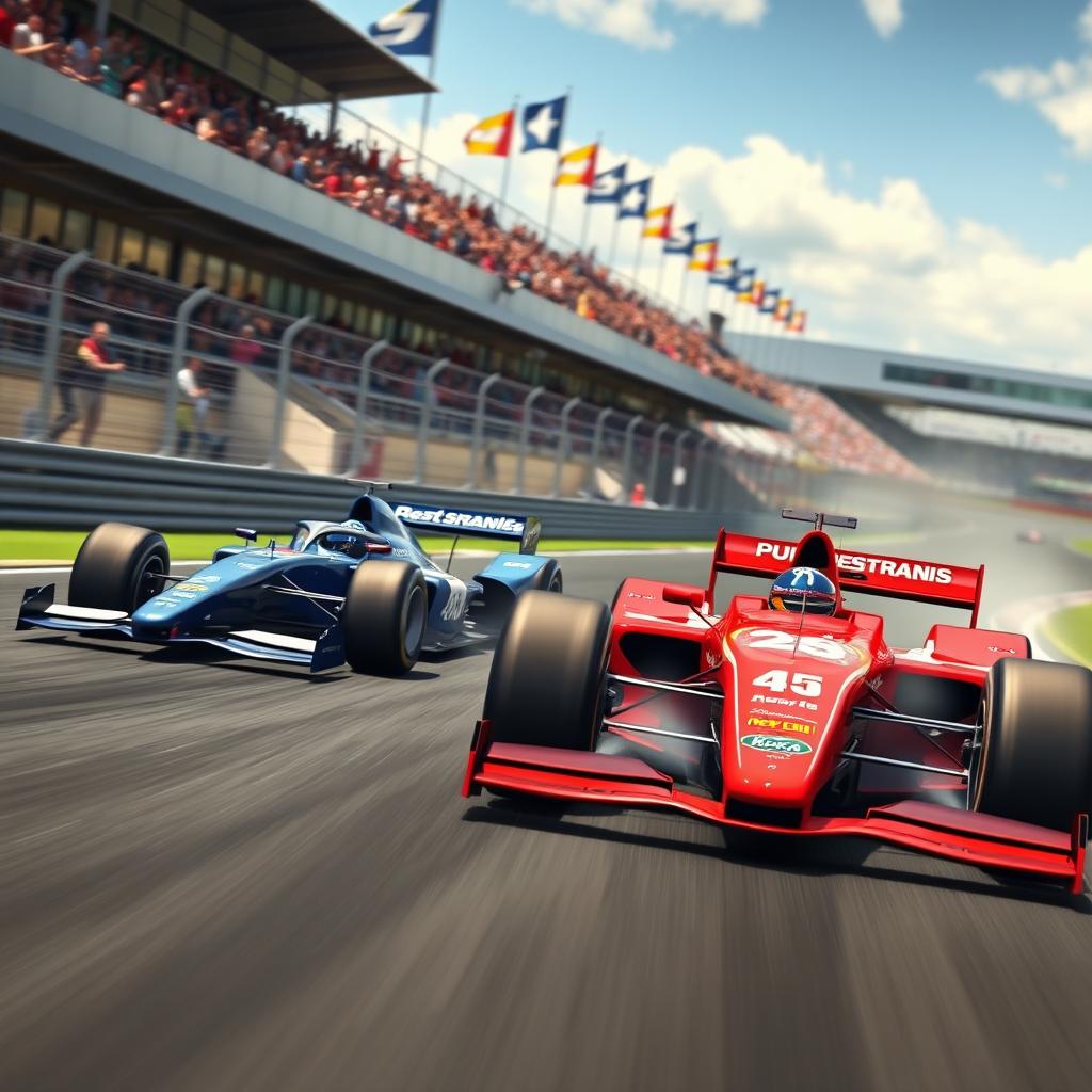 A vivid scene at the Grand Prix featuring two dynamic racing cars, one red and one blue, speeding around a corner on a thrilling racetrack