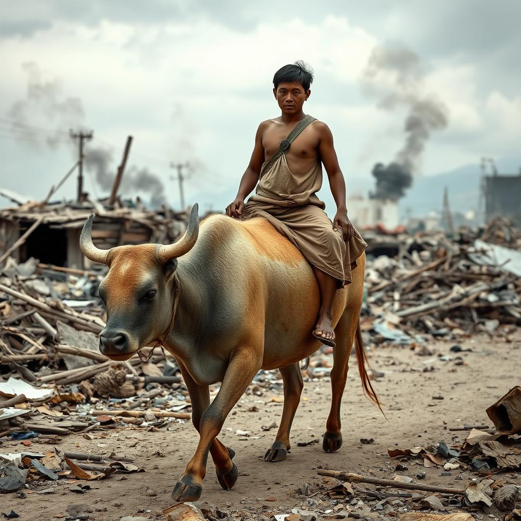 A poor Filipino man riding a traditional carabao through a war-torn landscape