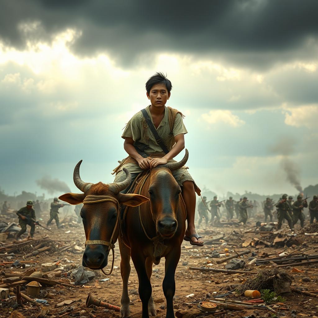 A Filipino man, wearing tattered clothing, is riding atop a carabao in a war-torn landscape