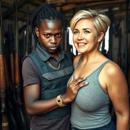 In a gritty shack filled with rifles, a young black African woman, very petite and undernourished at 25 years old, has very dark skin and a fierce, angry expression