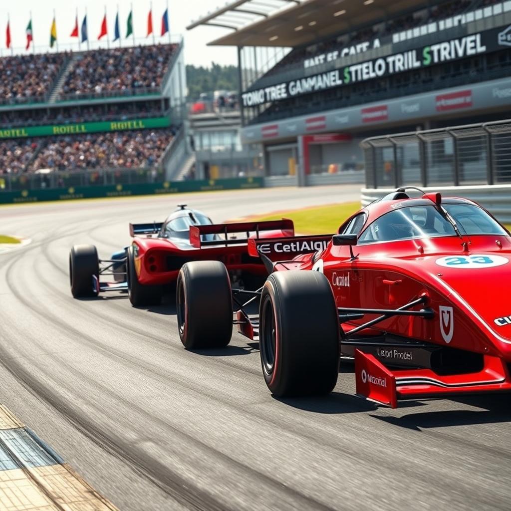 A thrilling scene at the Grand Prix featuring two dynamic racing cars, one in bright red and the other in deep blue, racing closely around a sharp bend of the track