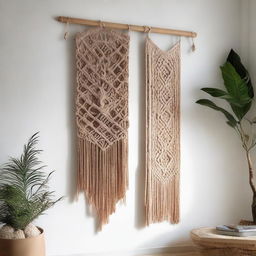 A beautiful, earth-toned macrame wall art display, hanging in an airy, light-filled foyer, creating a welcoming and homely atmosphere.