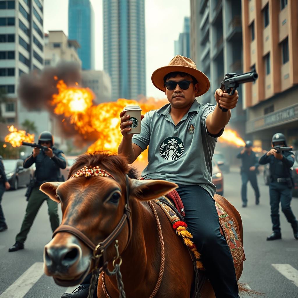 A Filipino person riding a carabao while casually holding a Starbucks coffee cup in a modern city setting