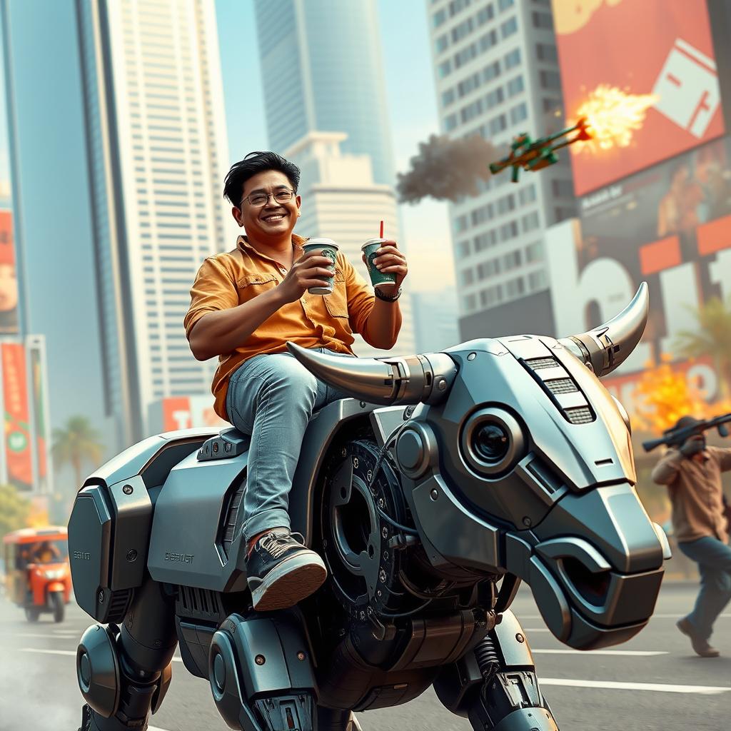 A scene depicting a Filipino man riding a futuristic robot carabao, confidently holding a Starbucks coffee