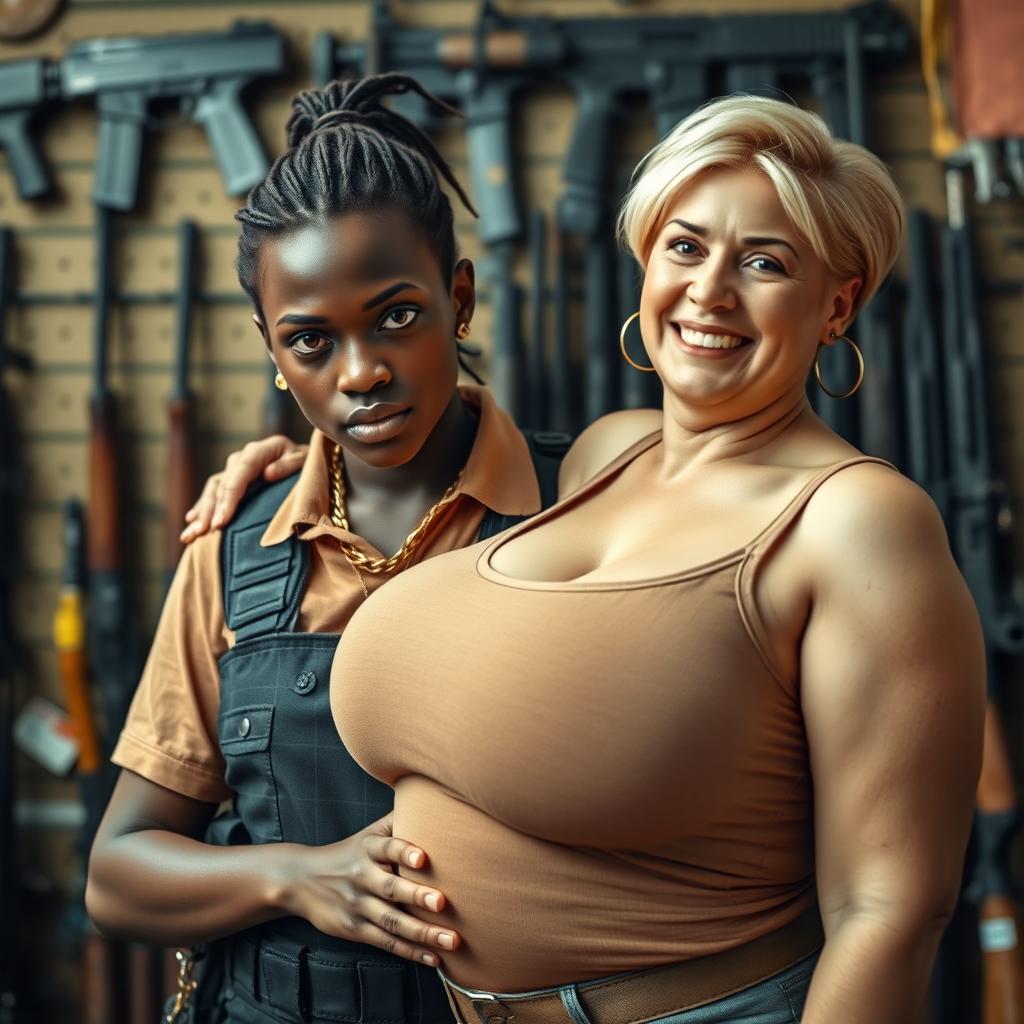 In a gun store environment, a young black African woman, very petite and undernourished at 20 years old, has very dark skin and a fierce, angry expression