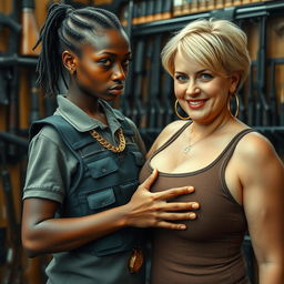 In a gun store environment, a young black African woman, very petite and undernourished at 20 years old, has very dark skin and a fierce, angry expression