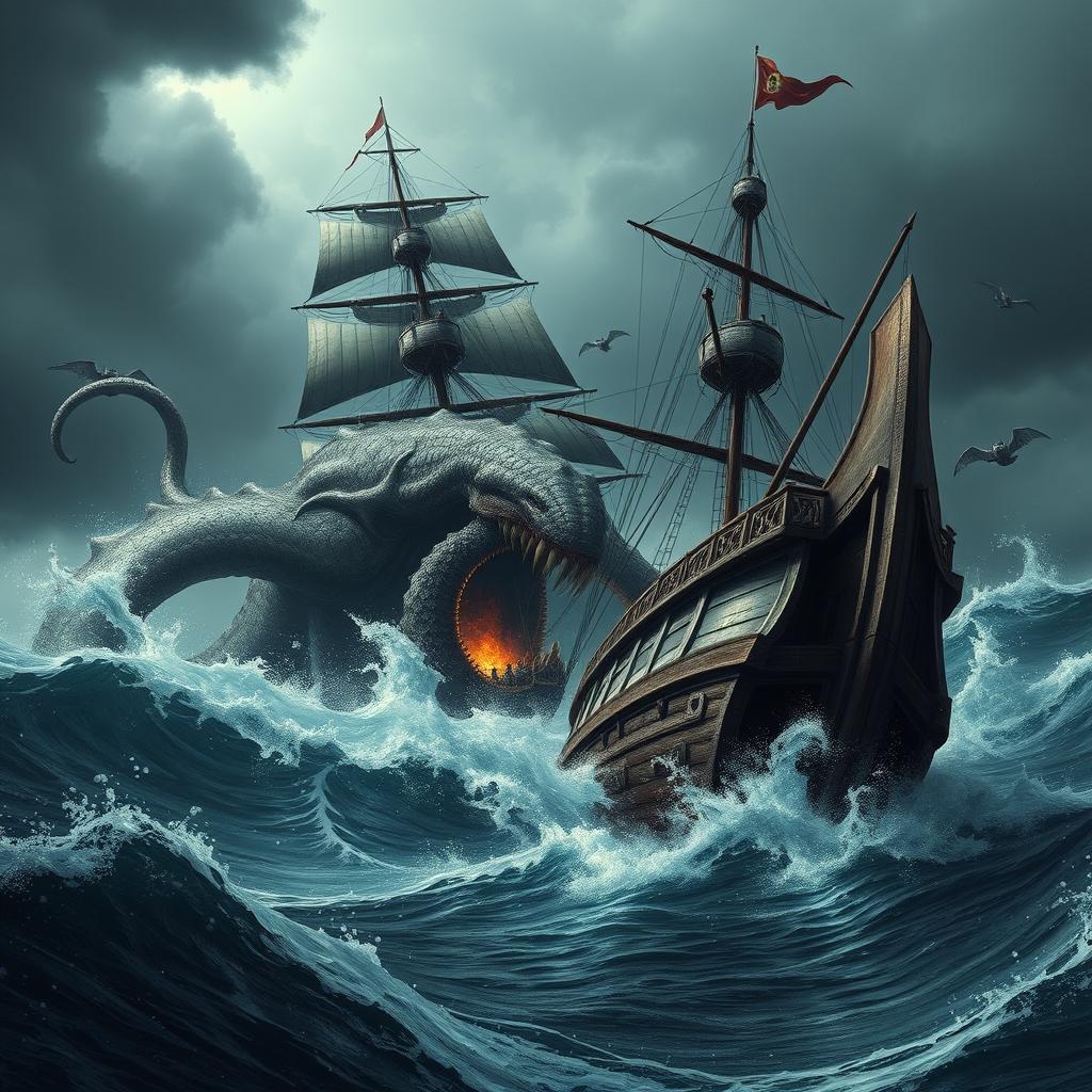 A dramatic scene depicting a massive, terrifying sea monster emerging from the depths of the ocean, its colossal tentacles reaching out to attack a large, sturdy ship in an epic confrontation