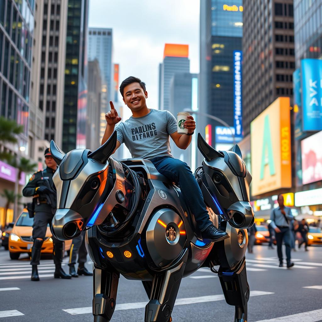 A Filipino manjoyfully riding a futuristic robot carabao, holding a Starbucks coffee cup in one hand, set against a modern city skyline filled with tall buildings and neon lights