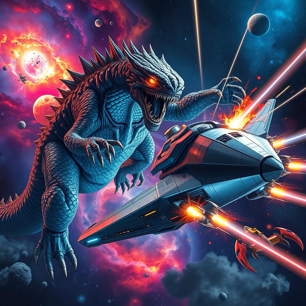 A colossal monster attacking a large, futuristic spaceship in the midst of an intense showdown in outer space