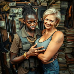 In a rundown shack filled with weapons and stacks of dollars, a young black African woman, very petite and undernourished at 20 years old, possesses very dark skin and a fierce, angry expression