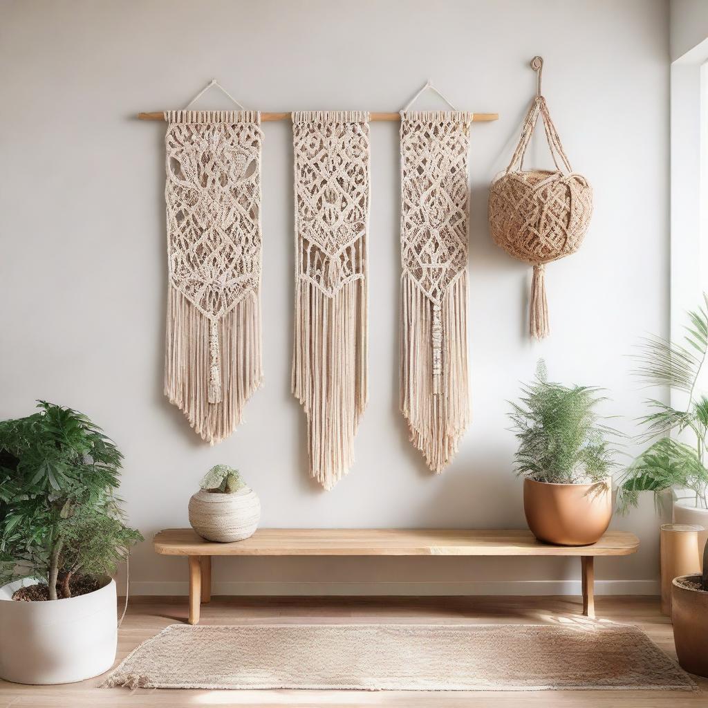 A beautiful, earth-toned macrame wall art display, hanging in an airy, light-filled foyer, creating a welcoming and homely atmosphere.