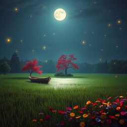 A serene moonlit night scene on a lake made of grass, featuring a lone boat gently drifting across the shimmering surface