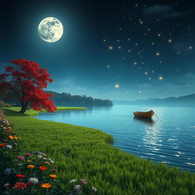A serene moonlit night scene on a lake made of grass, featuring a lone boat gently drifting across the shimmering surface
