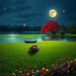 A serene moonlit night scene on a lake made of grass, featuring a lone boat gently drifting across the shimmering surface