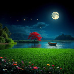 A serene moonlit night scene on a lake made of grass, featuring a lone boat gently drifting across the shimmering surface