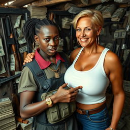 In a rundown shack filled with weapons and stacks of dollars, a young black African woman, very petite and undernourished at 30 years old, possesses very dark skin and a fierce, angry expression