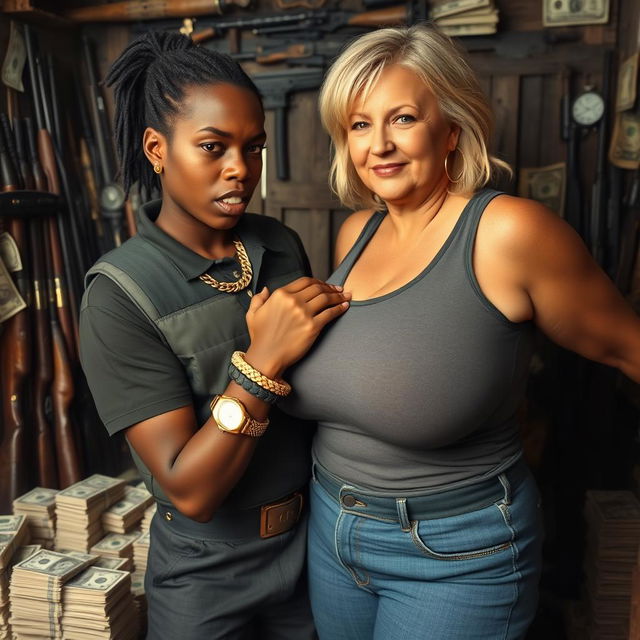 In a rundown shack filled with weapons and stacks of dollars, a young black African woman, very petite and undernourished at 30 years old, has very dark skin and a fierce, angry expression