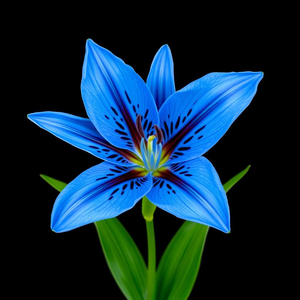 A stunning blue Tiger Lily flower, showcasing its vibrant blue petals with striking dark spots, against a plain black background, highlighting the intricate details of the flower's structure and colors for maximum visual impact