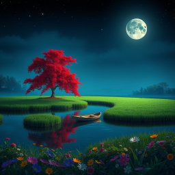 A serene moonlit night scene on a unique lake made of grass, where a lone boat drifts gently across its surface