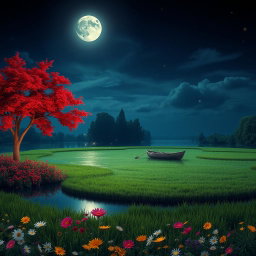 A serene moonlit night scene on a unique lake made of grass, where a lone boat drifts gently across its surface