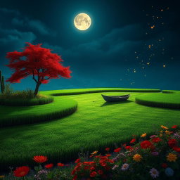 A serene moonlit night scene on a unique lake made of grass, where a lone boat drifts gently across its surface
