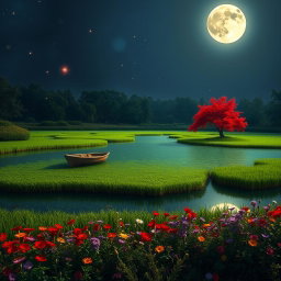 A serene moonlit night scene on a unique lake made of grass, where a lone boat drifts gently across its surface