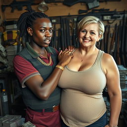 In a rundown shack filled with weapons and stacks of dollars, a young black African woman, very petite and undernourished at 30 years old, has very dark skin and appears intoxicated, with a fierce expression of anger