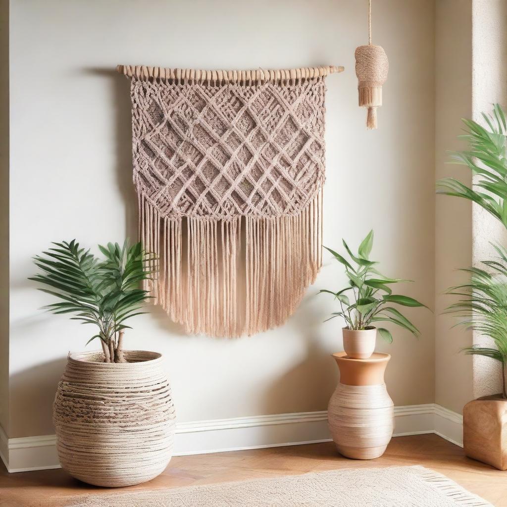 A beautiful, earth-toned macrame wall art display, hanging in an airy, light-filled foyer, creating a welcoming and homely atmosphere.