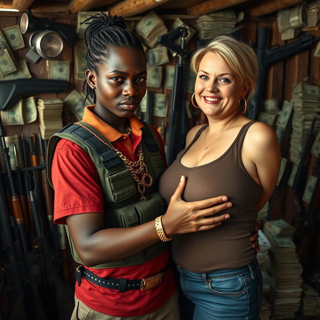 In a rundown shack filled with weapons and stacks of dollars, a young black African woman, very petite and undernourished at 30 years old, has very dark skin and appears intoxicated, with a fierce expression of anger