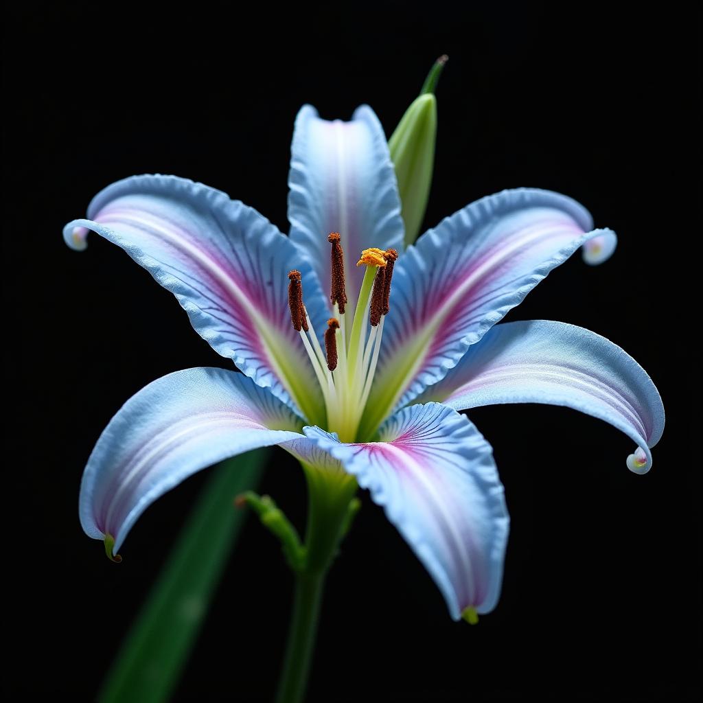 A beautiful close-up of a Light Blue and Pink Tiger Lily flower, showcasing soft blue petals with delicate pink tips and intricate speckles