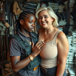 In a rundown shack filled with weapons and stacks of dollars, a young black African woman, very petite and undernourished at 30 years old, has very dark skin and appears intoxicated with drunken eyes