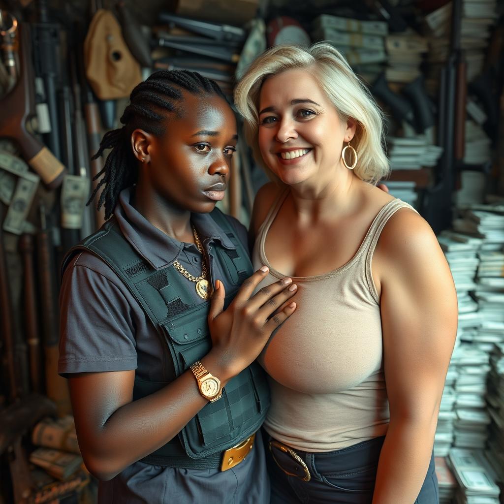 In a rundown shack filled with weapons and stacks of dollars, a young black African woman, very petite and undernourished at 30 years old, has very dark skin and appears intoxicated with drunken eyes