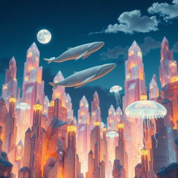 A surreal city made entirely of shimmering crystals, set against a calm night sky