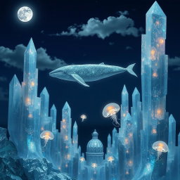 A surreal city made entirely of shimmering crystals, set against a calm night sky