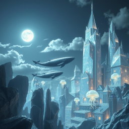 A surreal city made entirely of shimmering crystals, set against a calm night sky