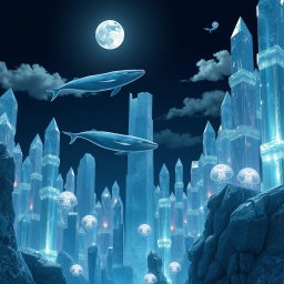 A surreal city made entirely of shimmering crystals, set against a calm night sky