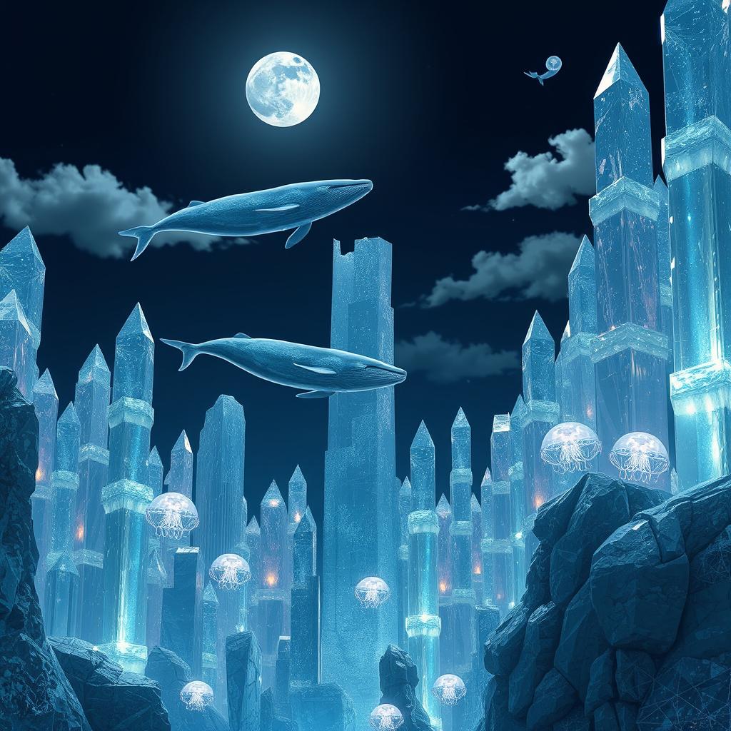 A surreal city made entirely of shimmering crystals, set against a calm night sky