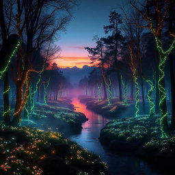 A striking and visually captivating scene of an ethereal forest at twilight, where the trees are adorned with glowing bioluminescent vines and the ground is softly covered in luminescent flowers