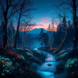A striking and visually captivating scene of an ethereal forest at twilight, where the trees are adorned with glowing bioluminescent vines and the ground is softly covered in luminescent flowers