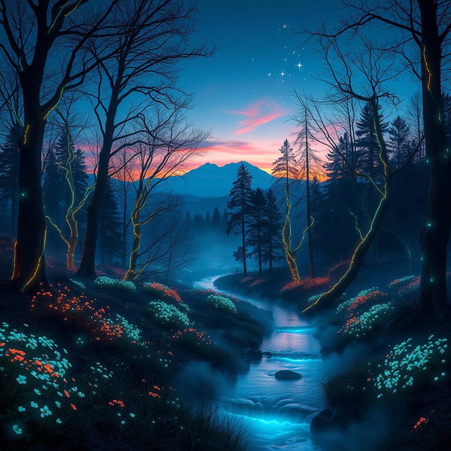 A striking and visually captivating scene of an ethereal forest at twilight, where the trees are adorned with glowing bioluminescent vines and the ground is softly covered in luminescent flowers
