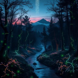 A striking and visually captivating scene of an ethereal forest at twilight, where the trees are adorned with glowing bioluminescent vines and the ground is softly covered in luminescent flowers