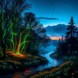 A striking and visually captivating scene of an ethereal forest at twilight, where the trees are adorned with glowing bioluminescent vines and the ground is softly covered in luminescent flowers