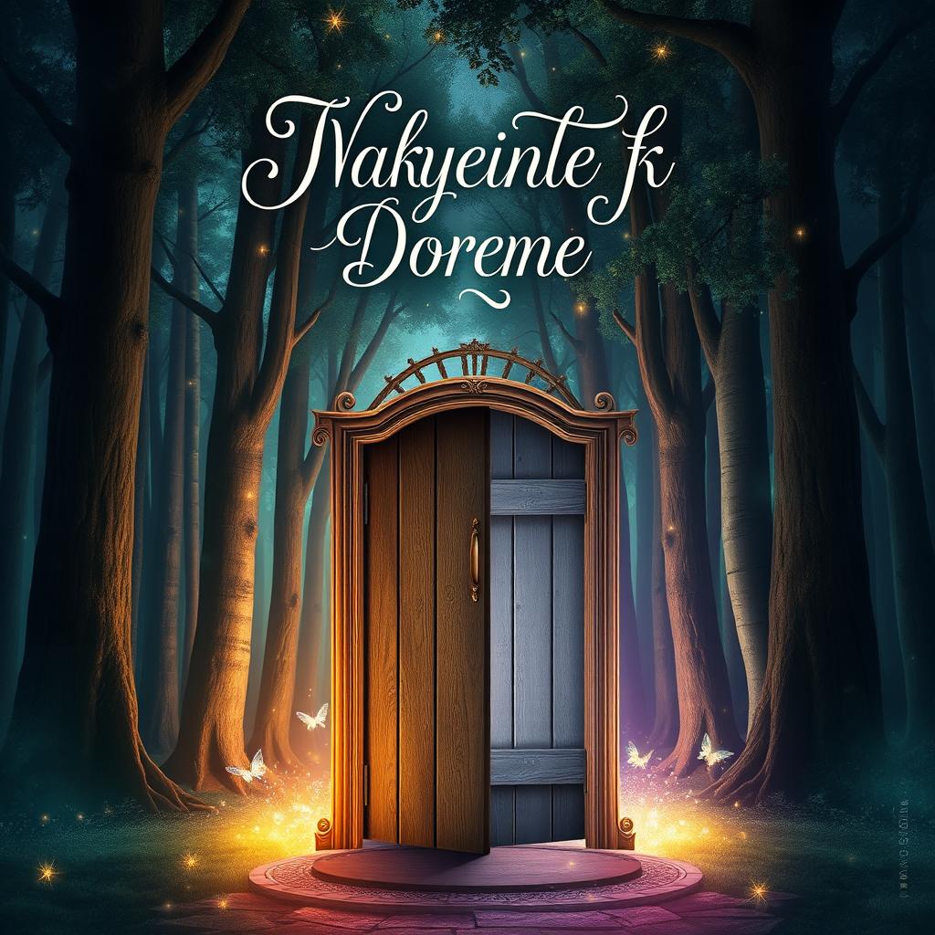 A captivating book cover design that features a mystical forest with towering trees and shimmering magical lights, reflecting an enchanting atmosphere