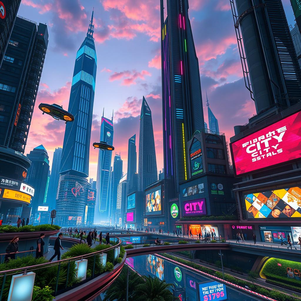 A futuristic cityscape at sunset, featuring towering skyscrapers with neon lights glowing in vibrant colors