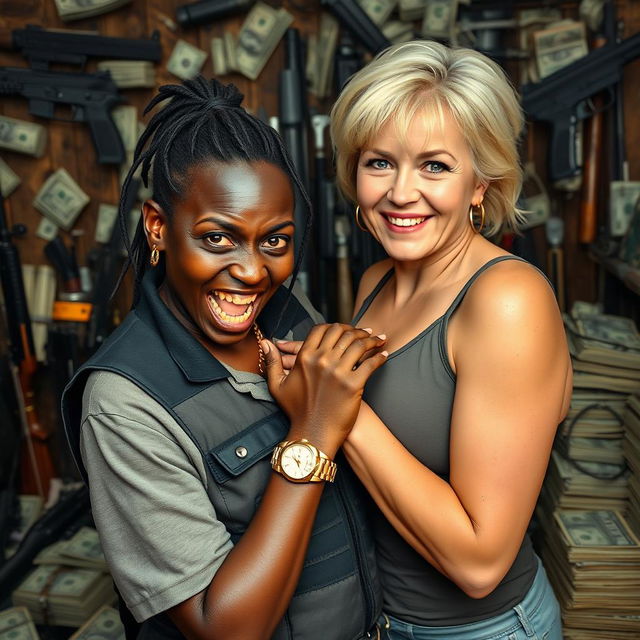 In a rundown shack filled with weapons and stacks of dollars, a young black African woman, very petite and undernourished at 30 years old, has very dark skin and is grimacing with decayed teeth and bulging eyes