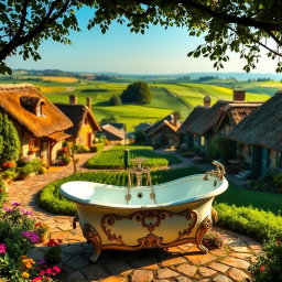 A charming village surrounded by lush green farms, featuring a beautifully elegant bathtub situated in the main square