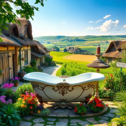 A charming village surrounded by lush green farms, featuring a beautifully elegant bathtub situated in the main square