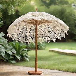 A quirky and unique macrame umbrella, featuring intricate, natural-toned designs, placed charmingly in a verdant backyard setting.