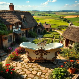 A charming village surrounded by lush green farms, featuring a beautifully elegant bathtub situated in the main square